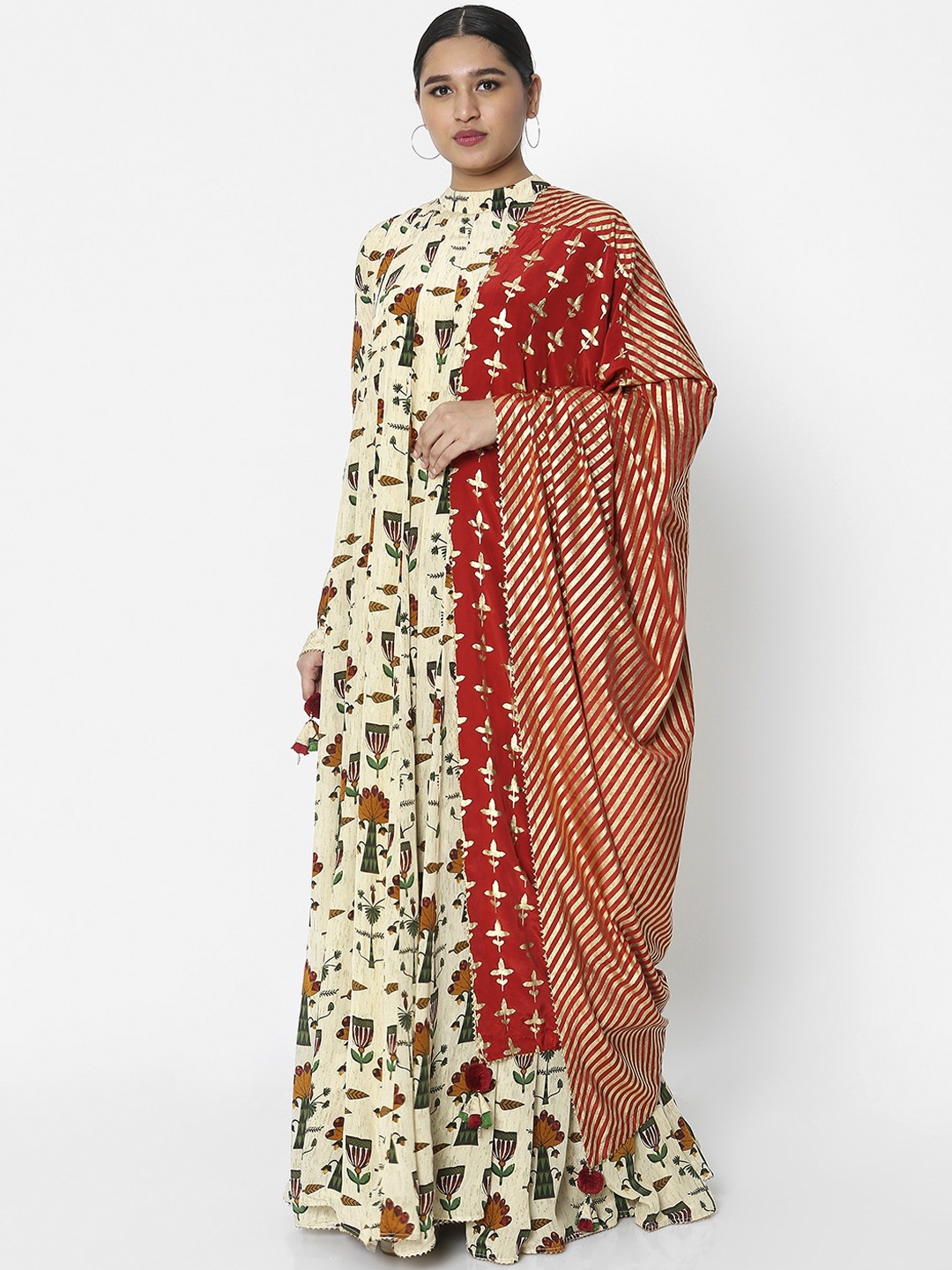 

Masaba Off White & Red Tribal Layered Crepe Ethnic Maxi Dress