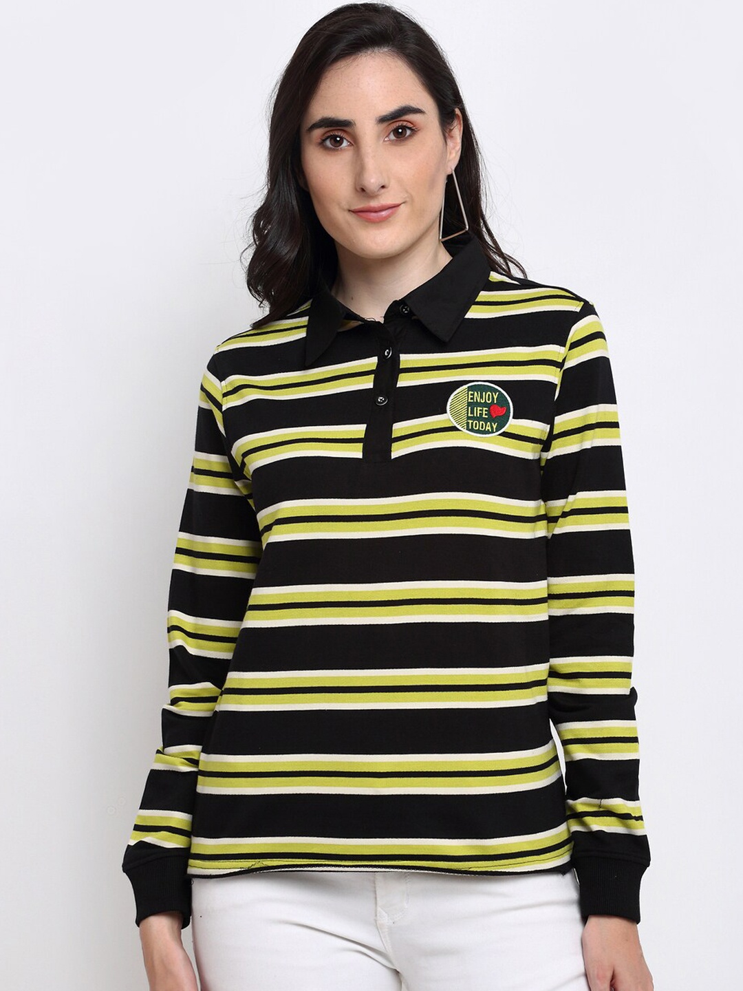 

Club York Women Black & Yellow Striped Sweatshirt