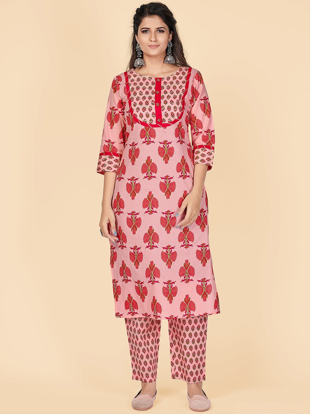 

Vbuyz Women Pink Ethnic Motifs Printed Panelled Pure Cotton Kurta with Trousers