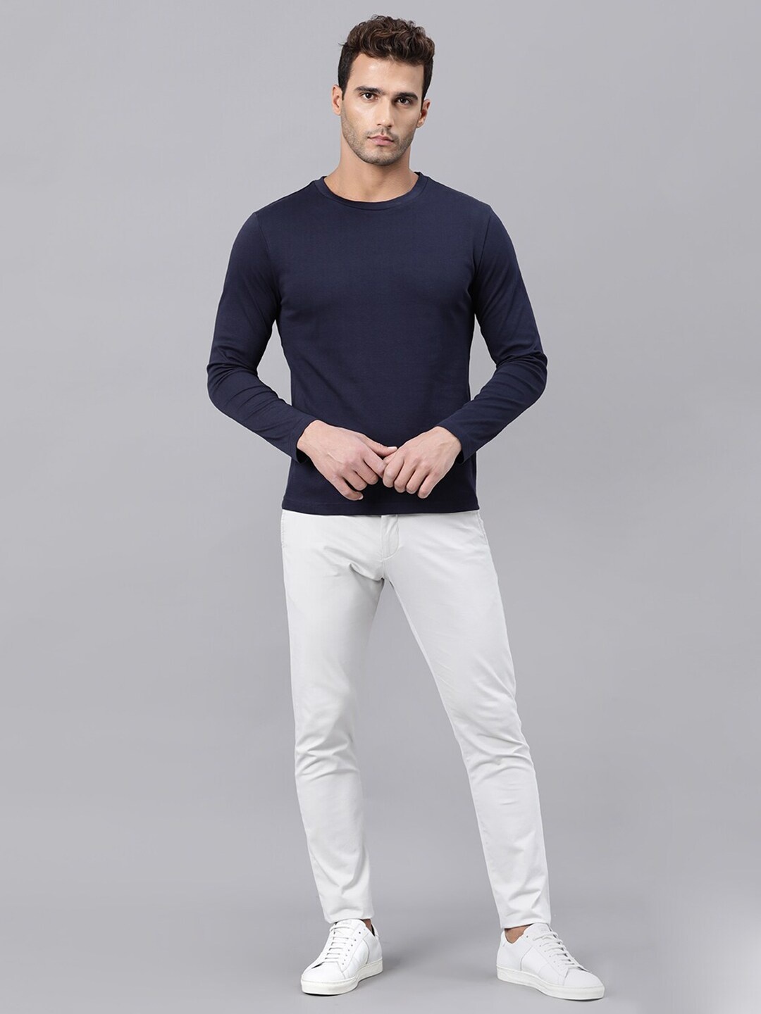 

RARE RABBIT Men Full Slim Fit Cotton T-Shirt, Navy blue
