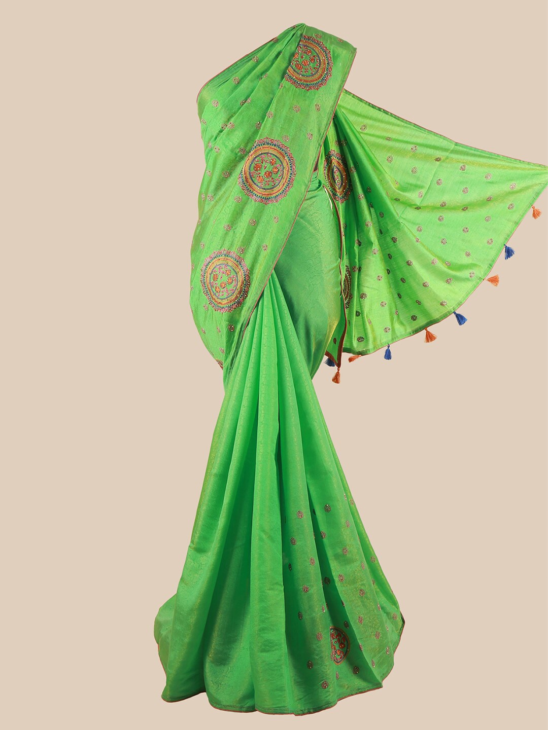 

Pothys Green & Orange Ethnic Motifs Sequinned Art Silk Saree With Tasseled Pallu