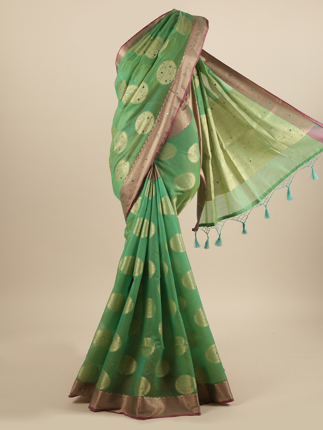 

Pothys Green & Gold Ethnic Motifs Mirror Work Saree With Tasseled Pallu