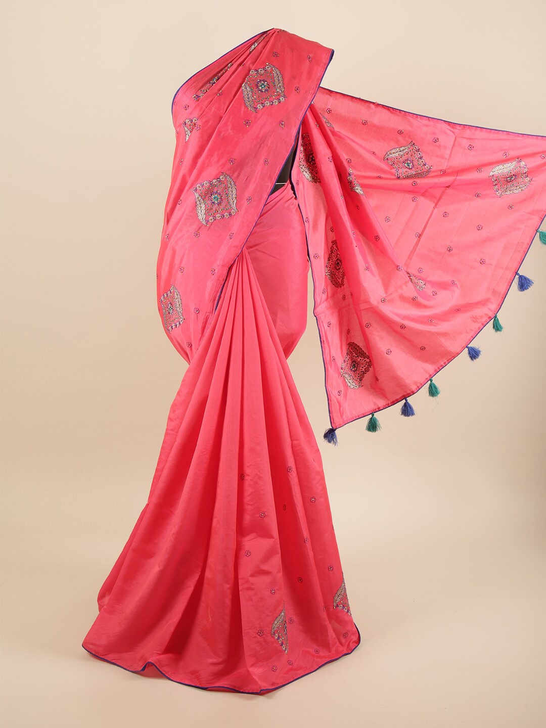 

Pothys Pink & Silver-Toned Ethnic Motifs Beads and Stones Art Silk Saree