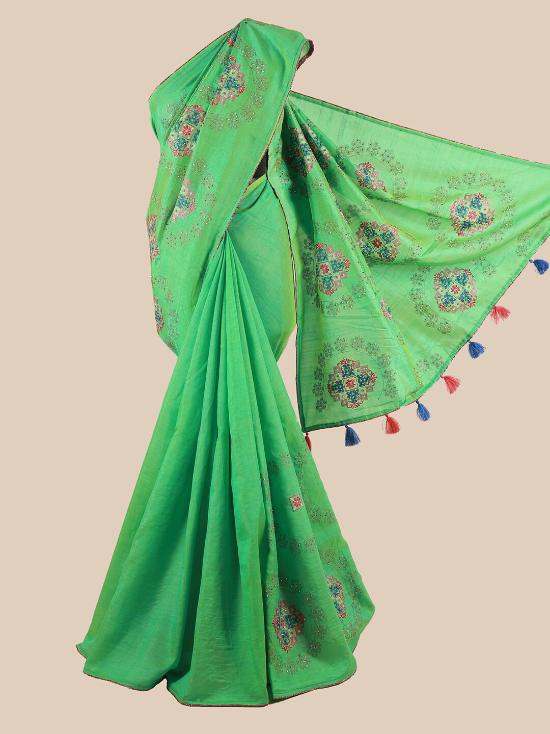 

Pothys Green & Blue Ethnic Motifs Embroidered Art Silk Saree