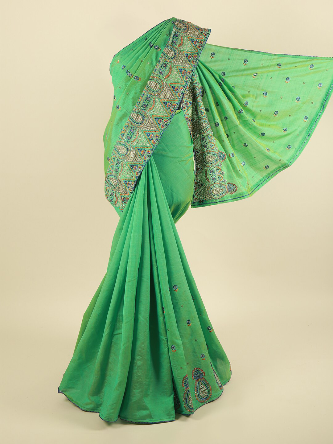 

Pothys Green & Blue Ethnic Motifs Embroidered Art Silk Saree