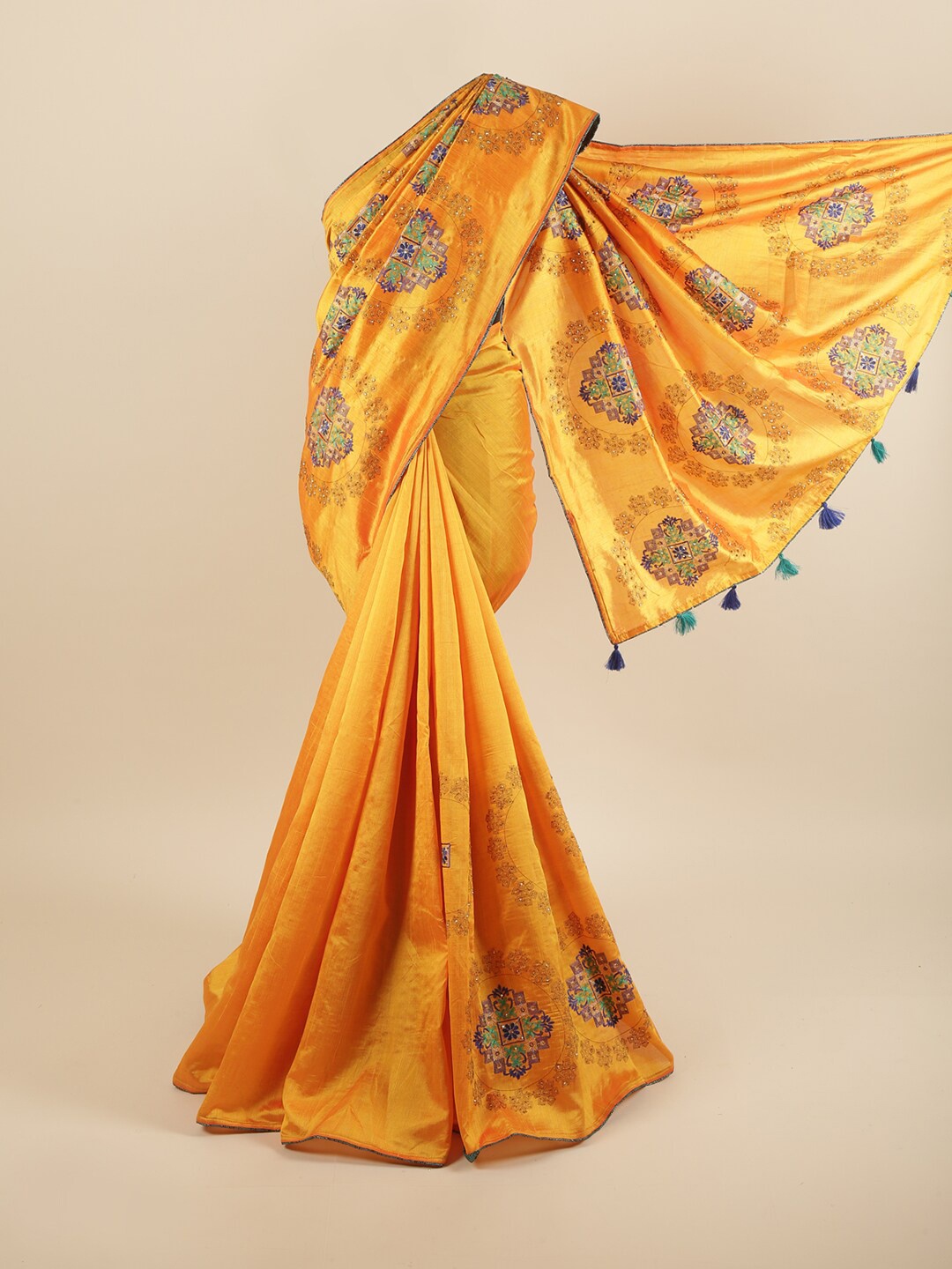 

Pothys Yellow & Blue Floral Beads and Stones Art Silk Saree