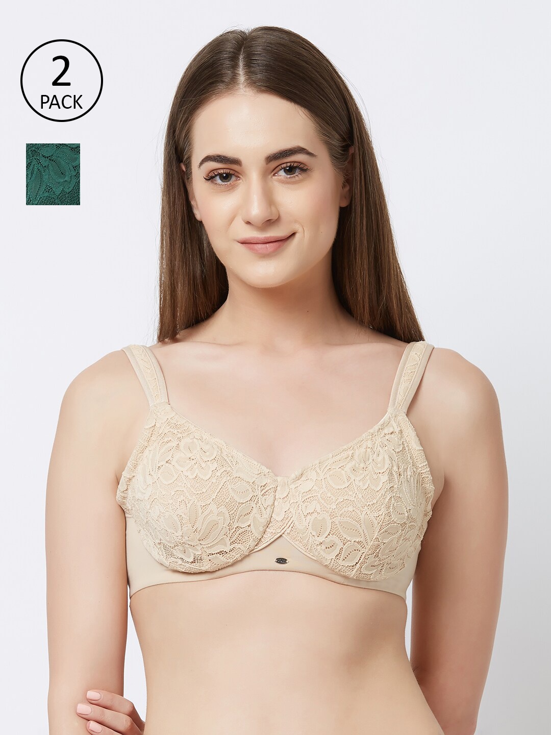 

Soie Women Pack of 2 Beige & Green Non Padded Lace Bra