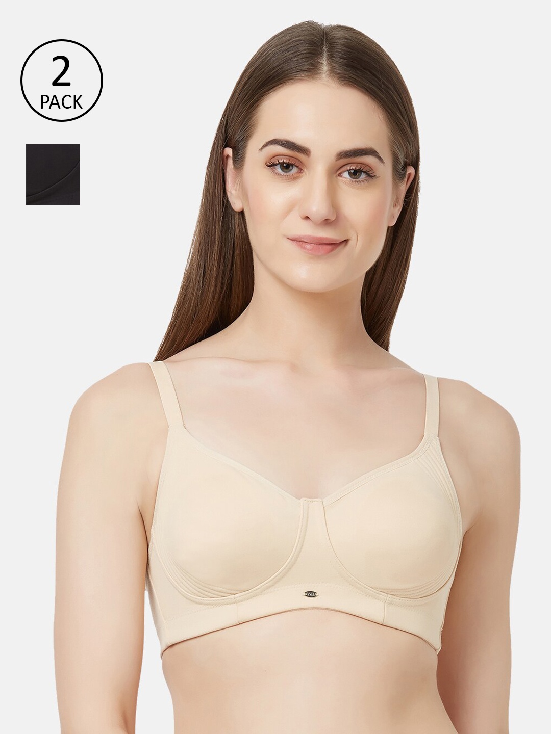 

Soie Pack of 2 Black & Cream-Coloured Non Wired Full Coverage Everyday Bra