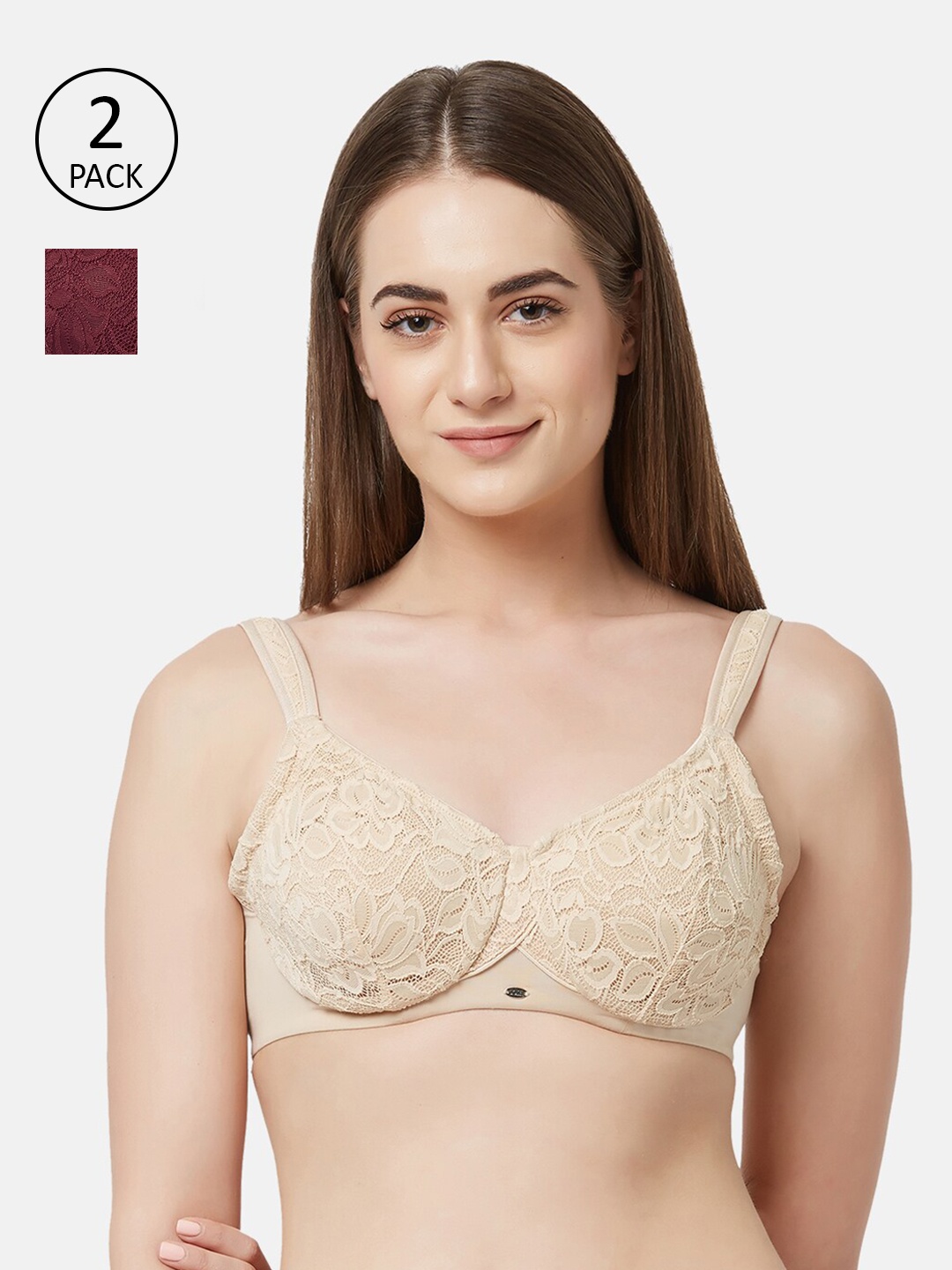 

Soie Set Of 2 Full Coverage Non-Padded Wired Lace Bras, Maroon