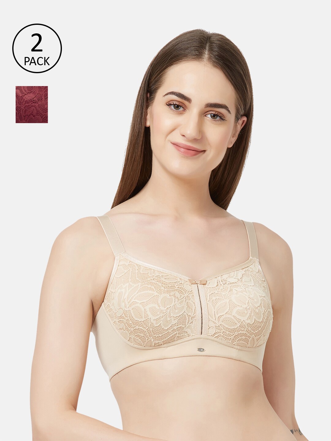 

Soie Pack of 2 Full Coverage Non-Padded Non-Wired Lace Bra, Maroon