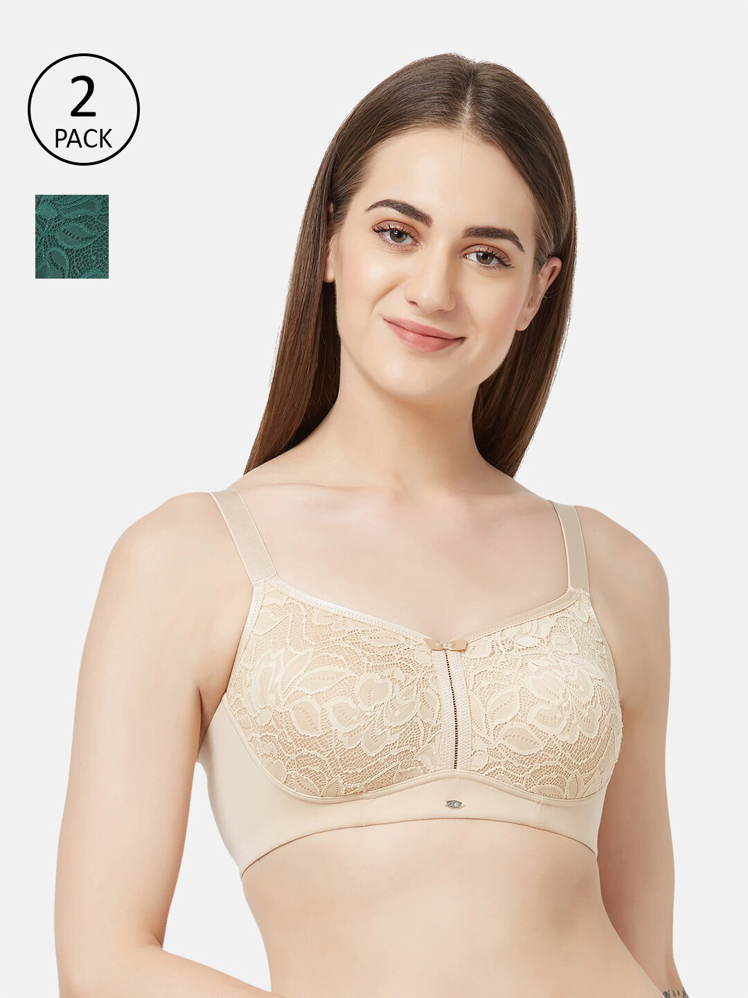 

SOIE Pack of 2 Women Full Coverage Non-Padded Non-Wired Lace Bra, Beige