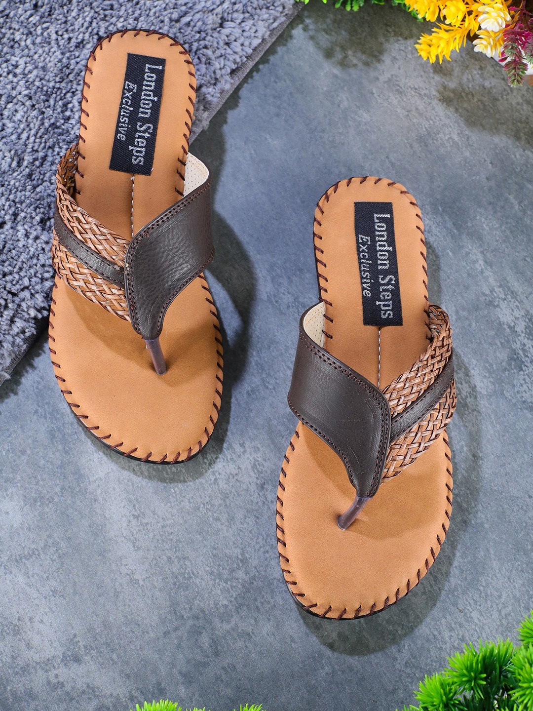 

LONDON STEPS Women Brown & Black Colourblocked Thong Flip-Flops