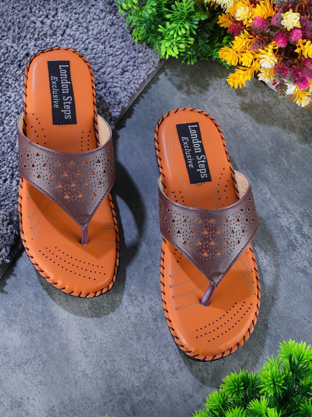 

LONDON STEPS Women Brown Open Toe Flats with Laser Cuts