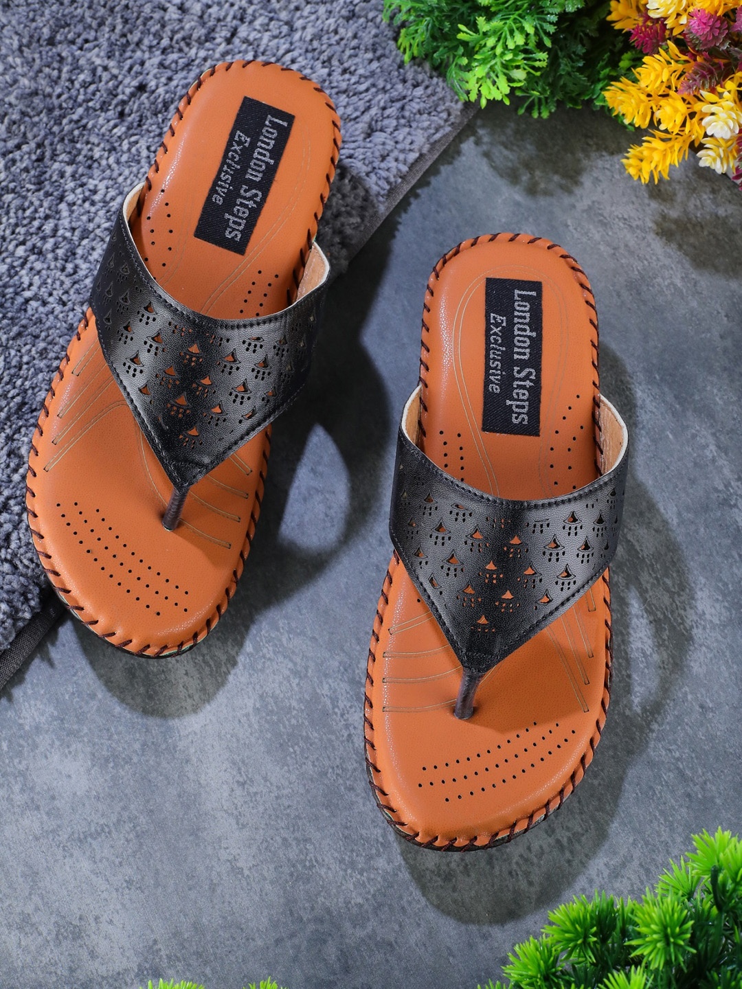 

LONDON STEPS Women Black Printed Comfort Sandals With Laser Cuts