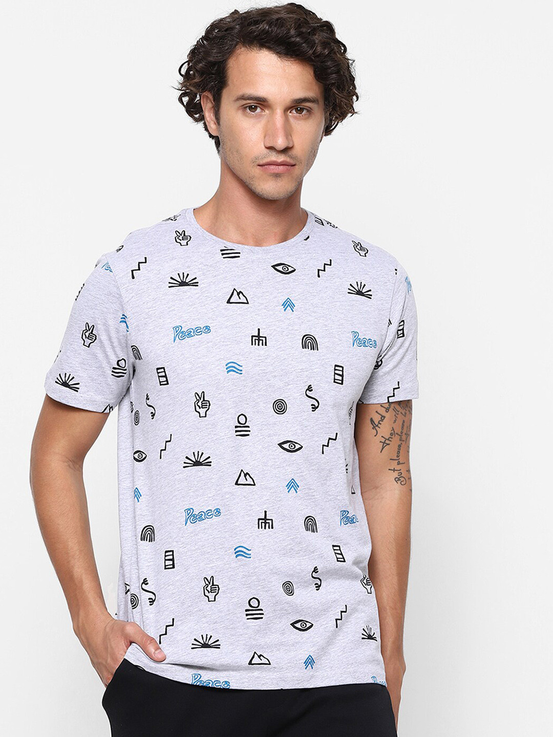 

Ajile by Pantaloons Men Grey Melange Printed Cotton Lounge T-shirt