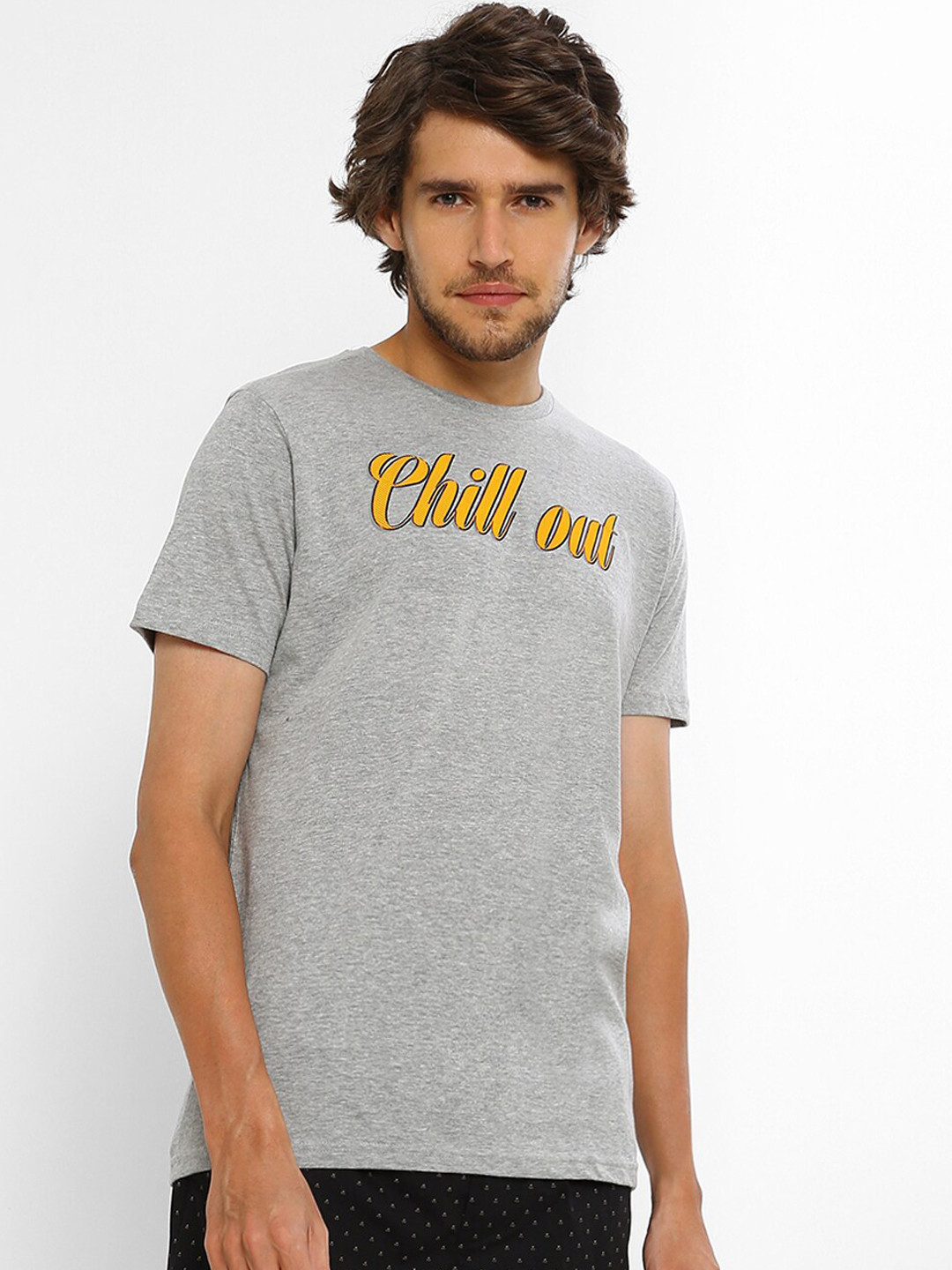 

Ajile by Pantaloons Men Grey Melange & Yellow Printed Pure Cotton Lounge T-Shirt