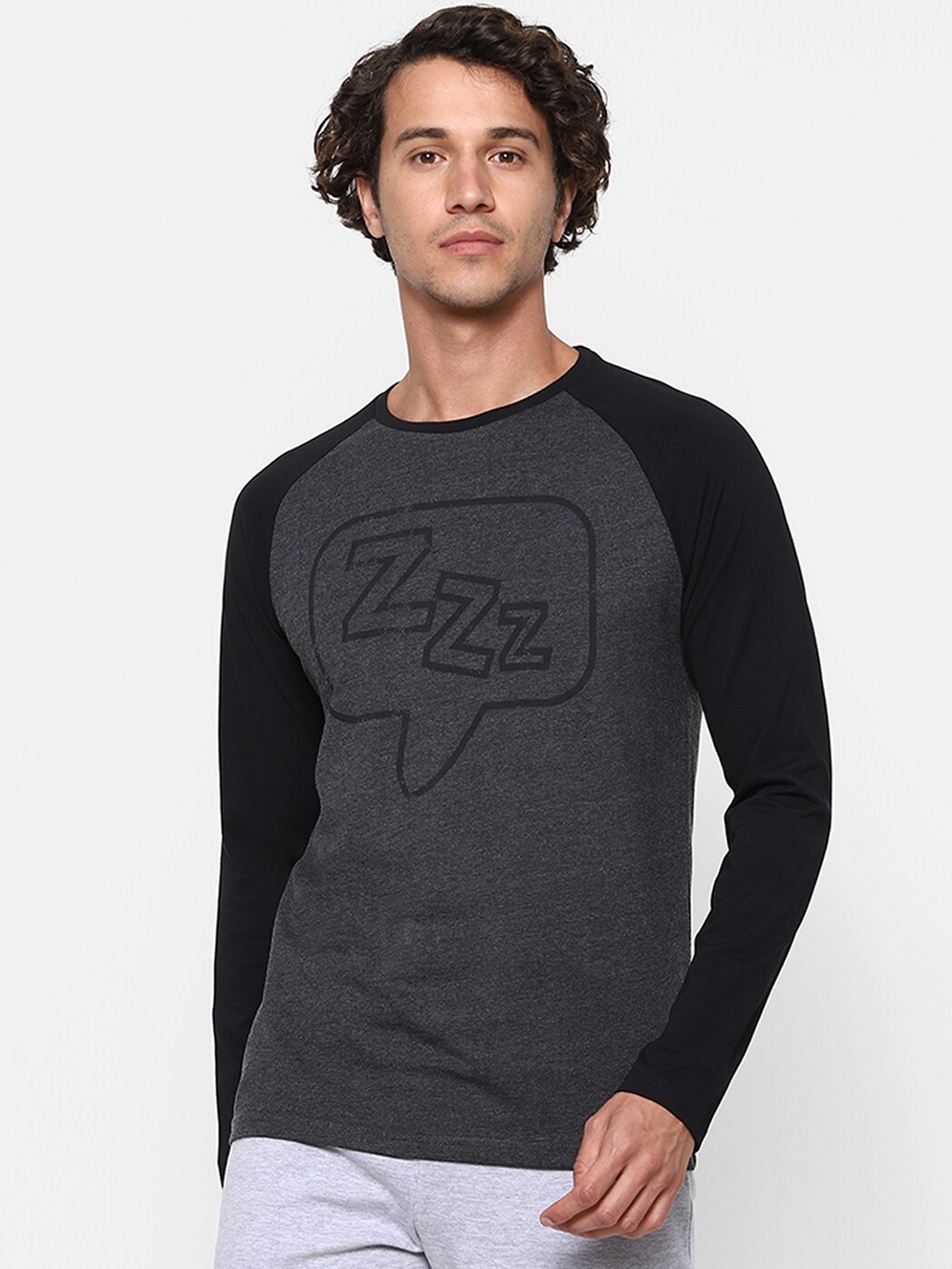 

Ajile by Pantaloons Men Black & Grey Printed Colourblocked Pure Cotton Lounge T-shirt