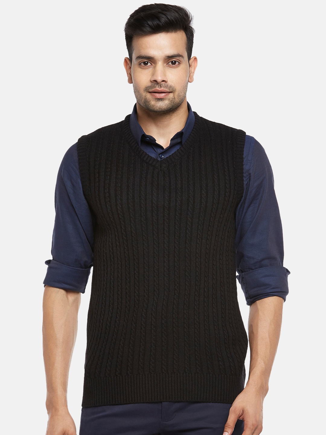 

BYFORD by Pantaloons Men Black Ribbed Sweater Vest