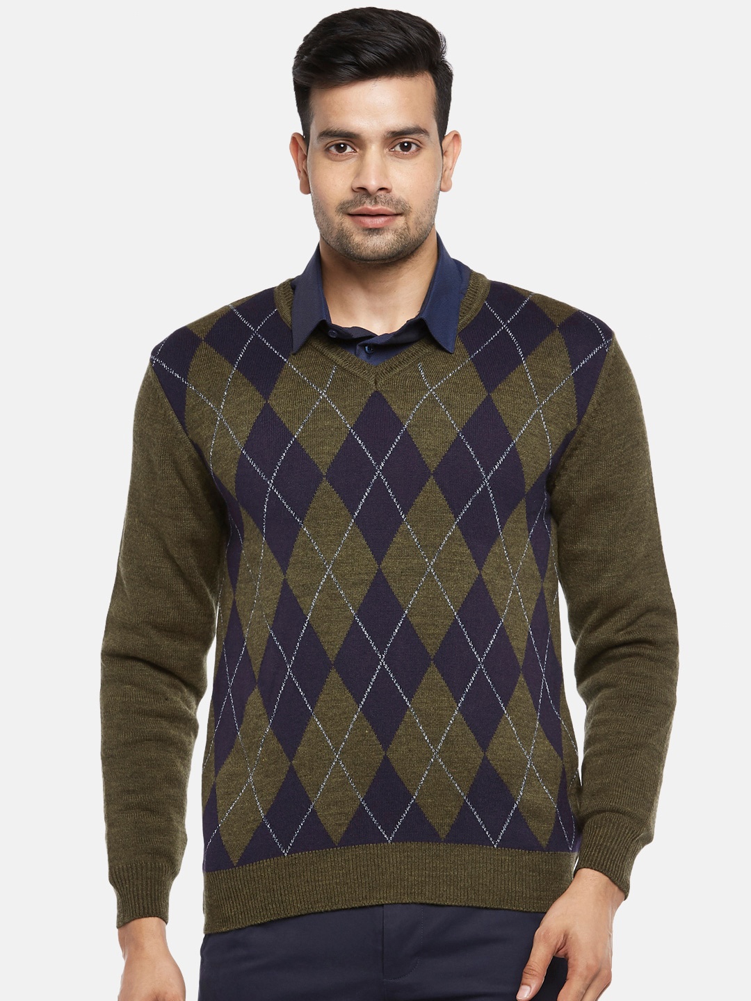 

BYFORD by Pantaloons Men Olive Green & Navy Blue Argyle Printed Acrylic Pullover