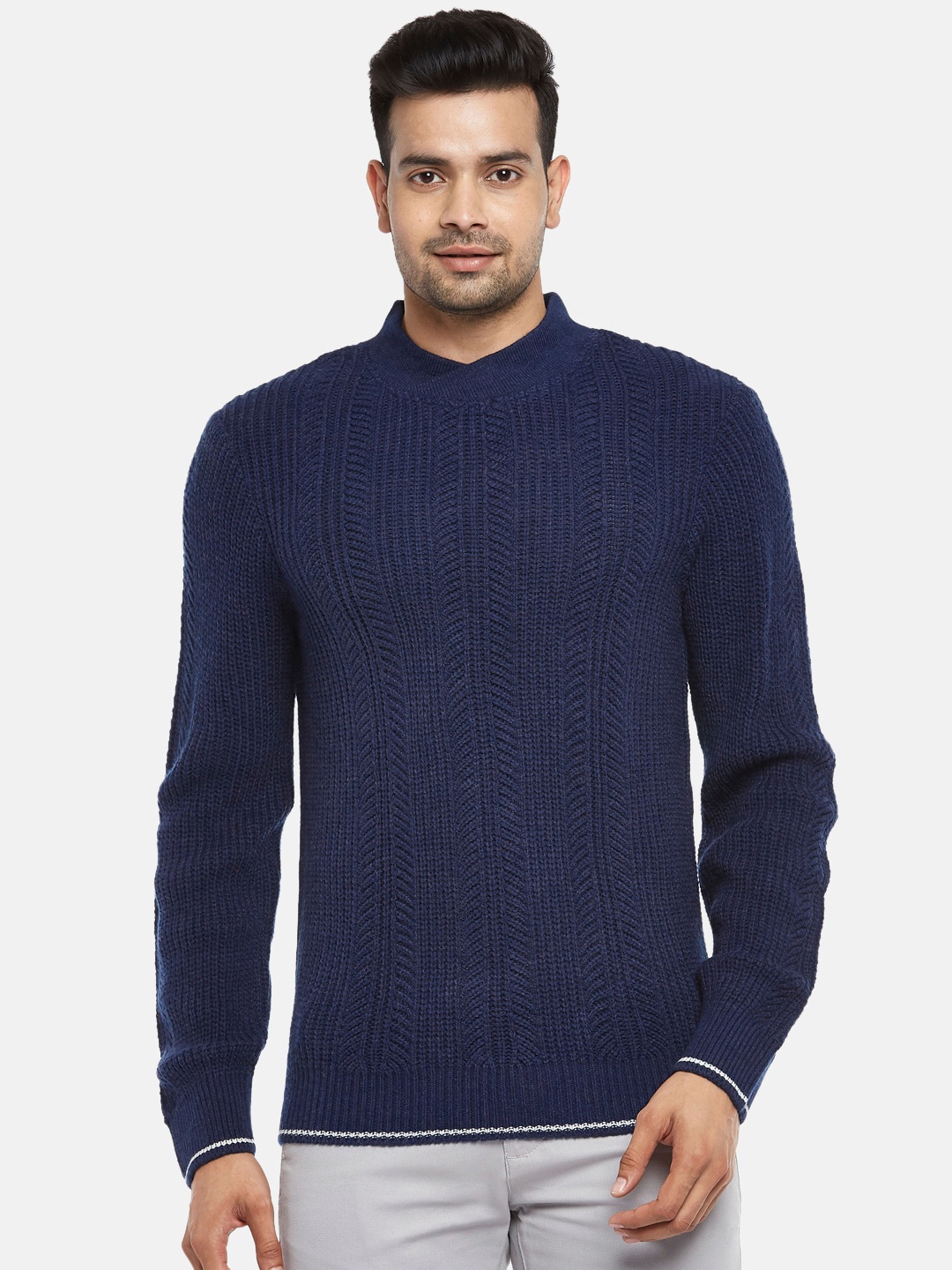 

BYFORD by Pantaloons Men Navy Blue Cable Knit Cotton Pullover