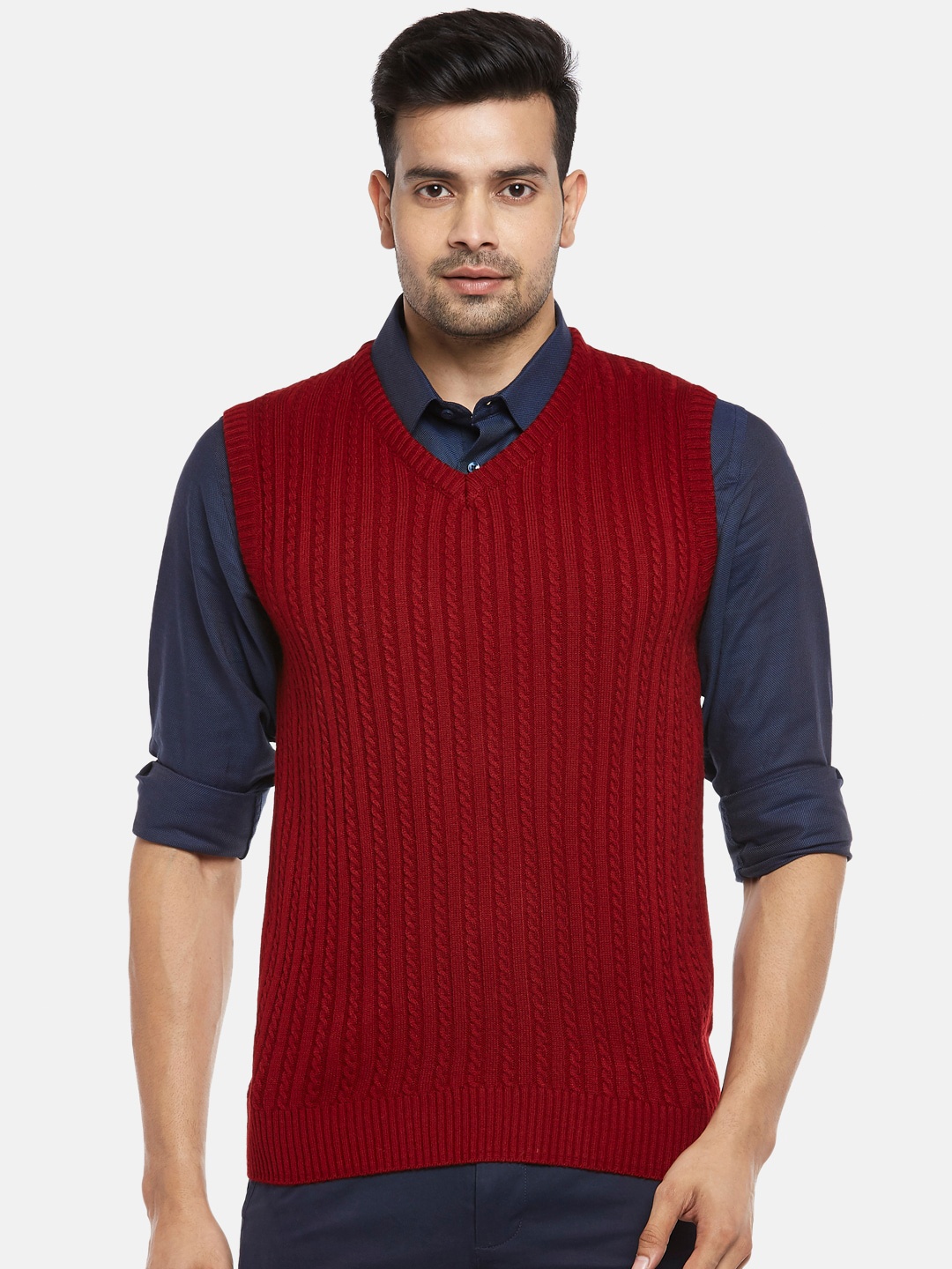 

BYFORD by Pantaloons Men Maroon Cable Knit Acrylic Sweater Vest