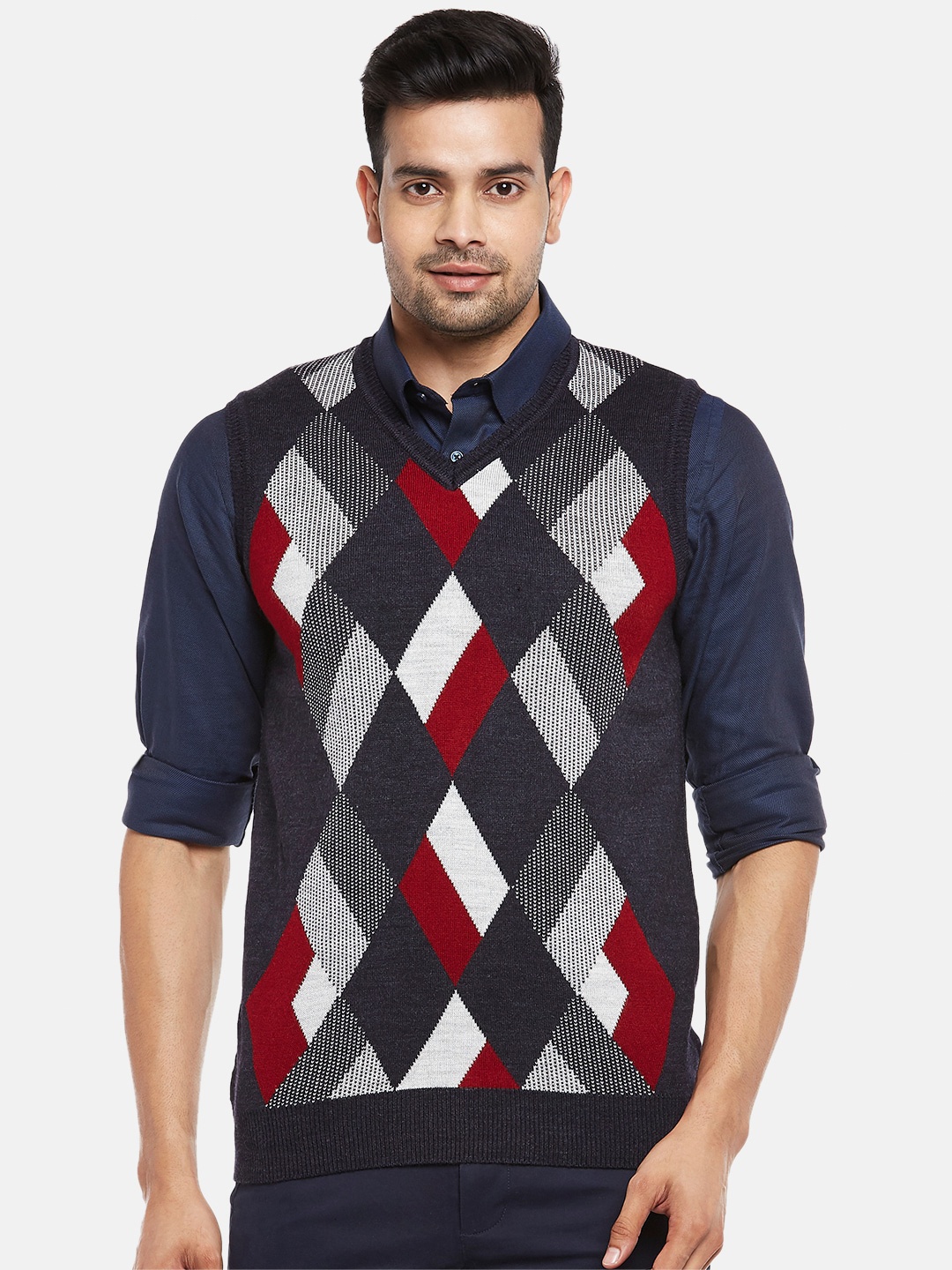 

BYFORD by Pantaloons Men Charcoal & Red Argyle Printed Acrylic Sweater Vest