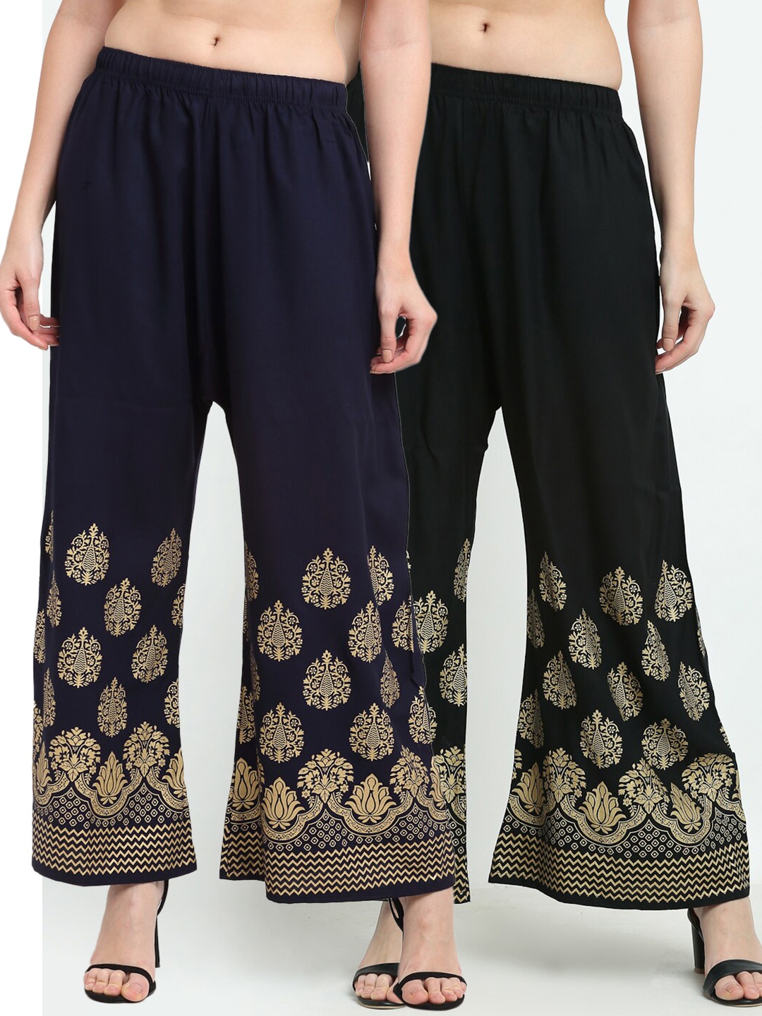 

TAG 7 Pack of 2 Women Navy Blue & Gold-Toned Ethnic Motifs Printed Flared Palazzos
