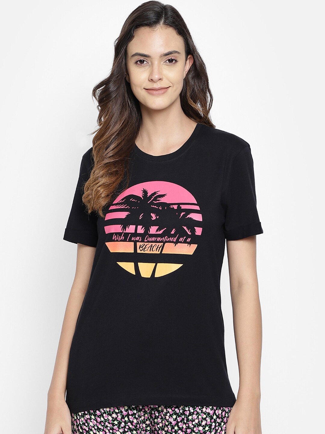 

Clovia Women Black & Pink Printed Cotton Lounge T-shirt