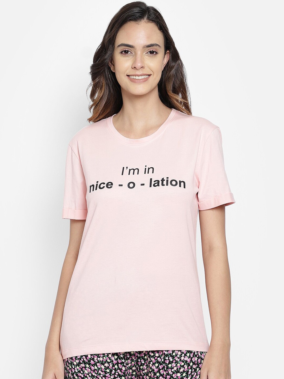 

Clovia Women Pink & Black Typography Printed Pure Cotton Lounge T-Shirt