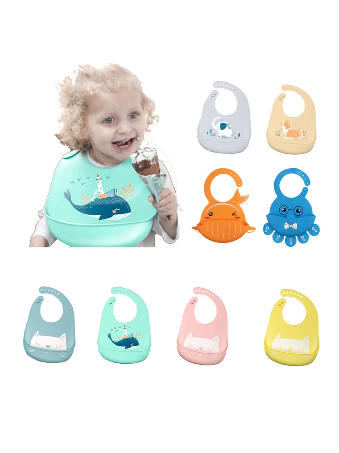 

GUCHIGU Kids Set Of 8 Waterproof Baby Bibs, Green