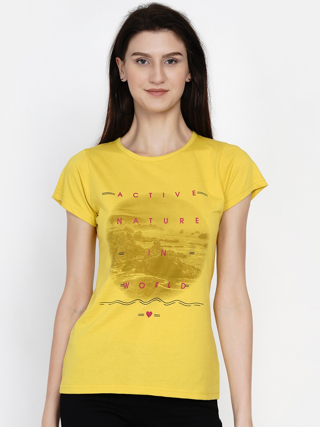 

FABNEST Women Yellow Typography Printed T-shirt