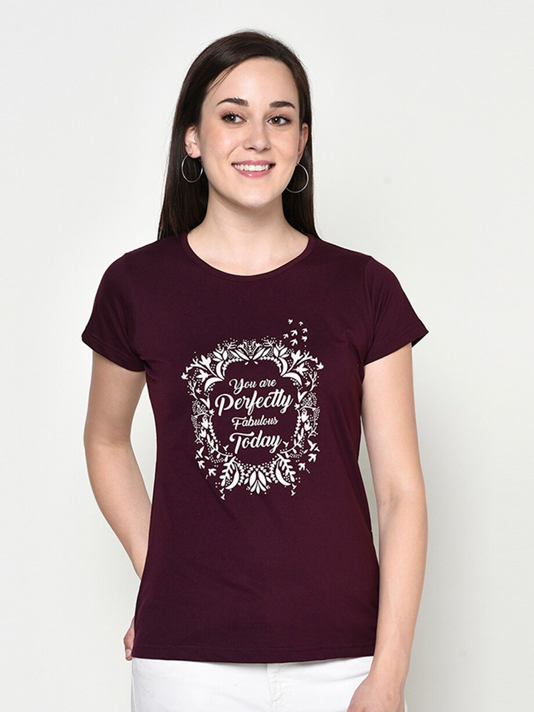 

FABNEST Women Burgundy Printed Pockets T-shirt