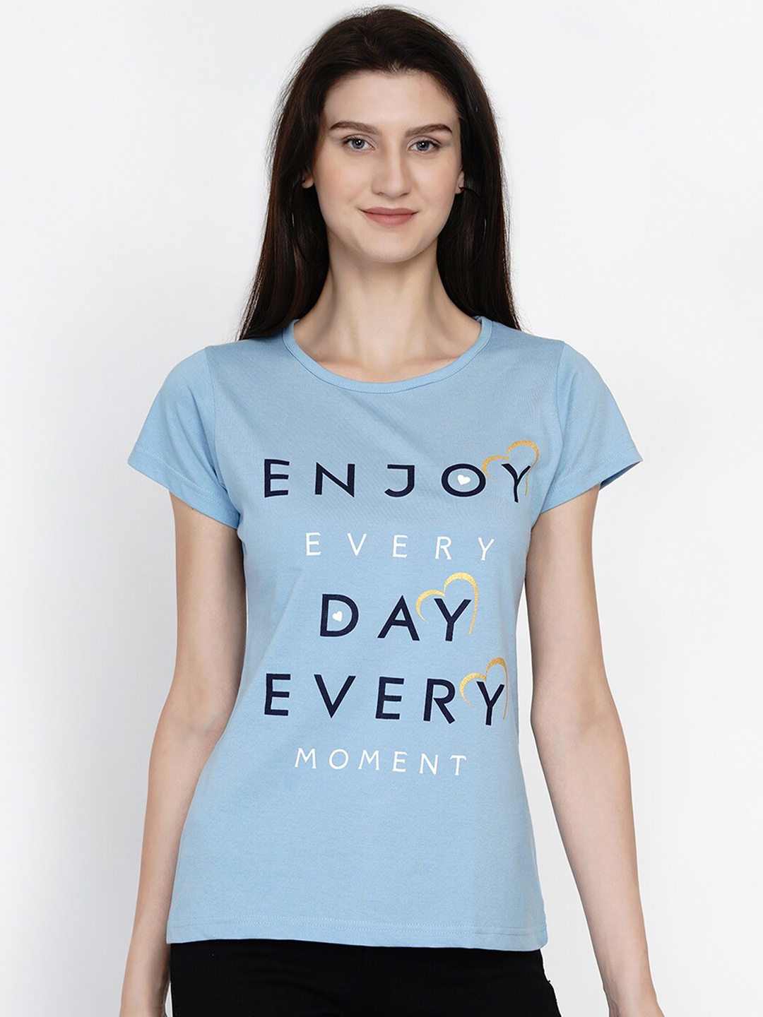

FABNEST Women Blue Typography Printed T-shirt