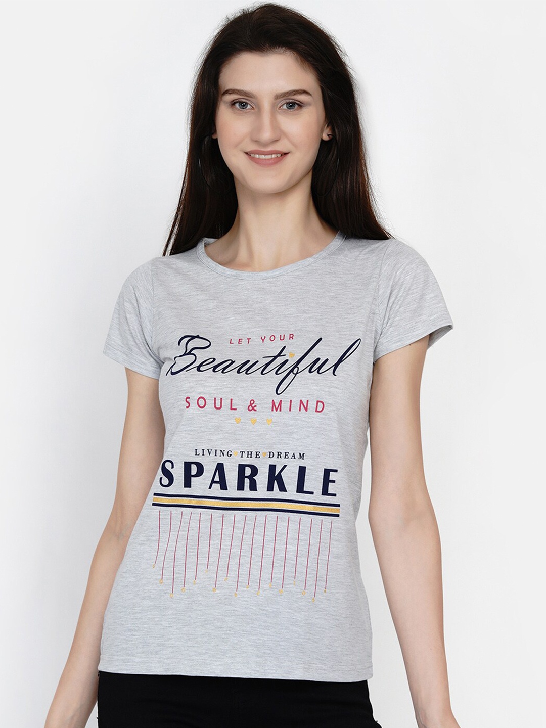 

FABNEST Women Grey & Black Typography Printed T-shirt