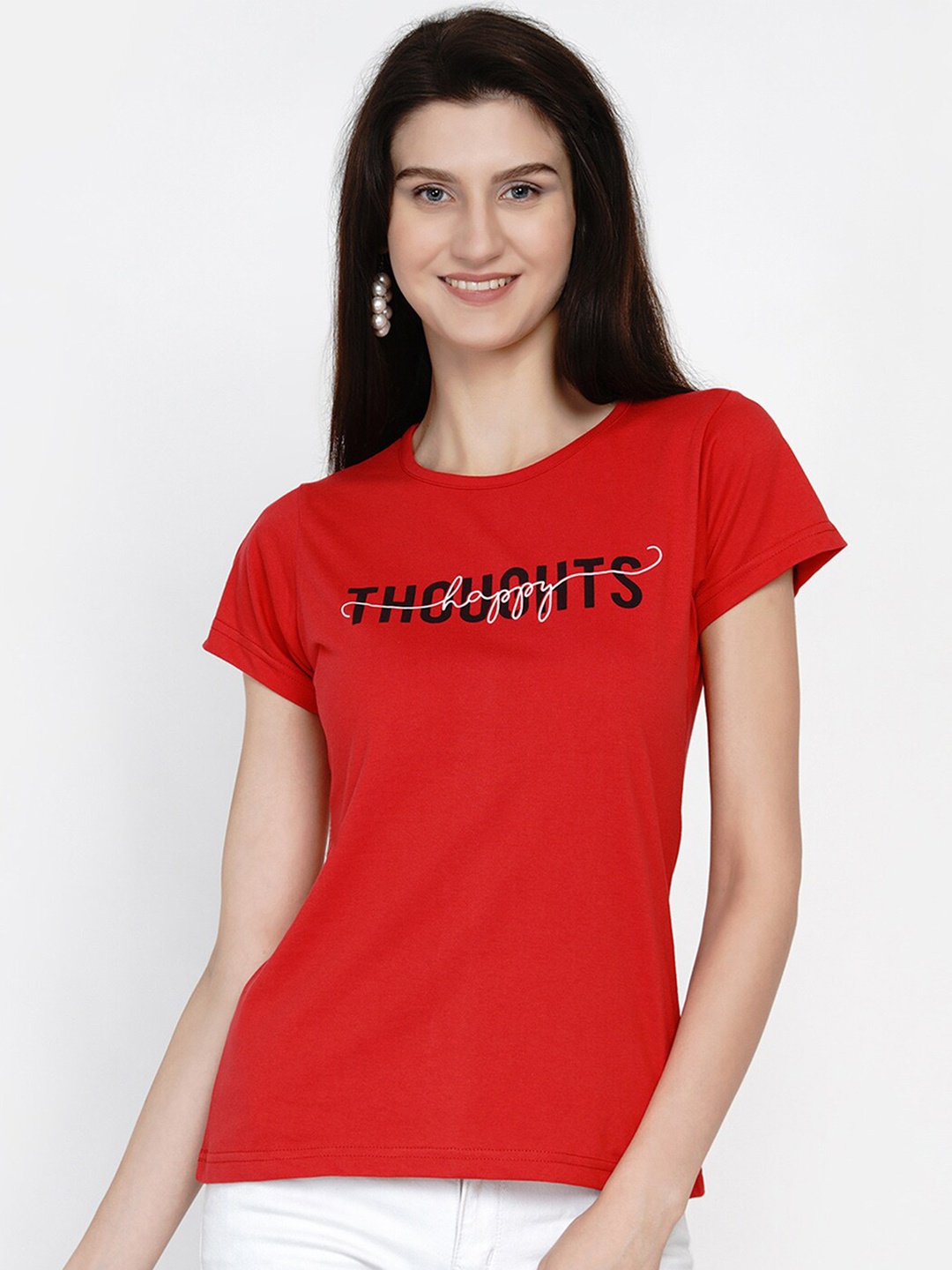 

FABNEST Women Red Typography Printed T-shirt