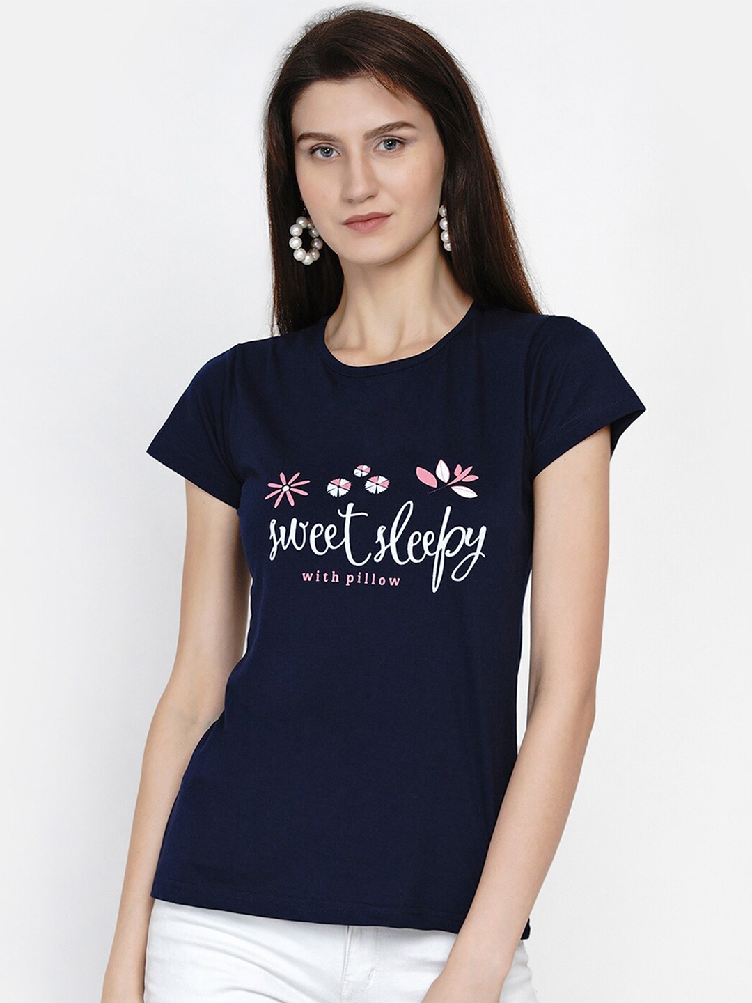 

FABNEST Women Navy Blue Typography Applique T-shirt