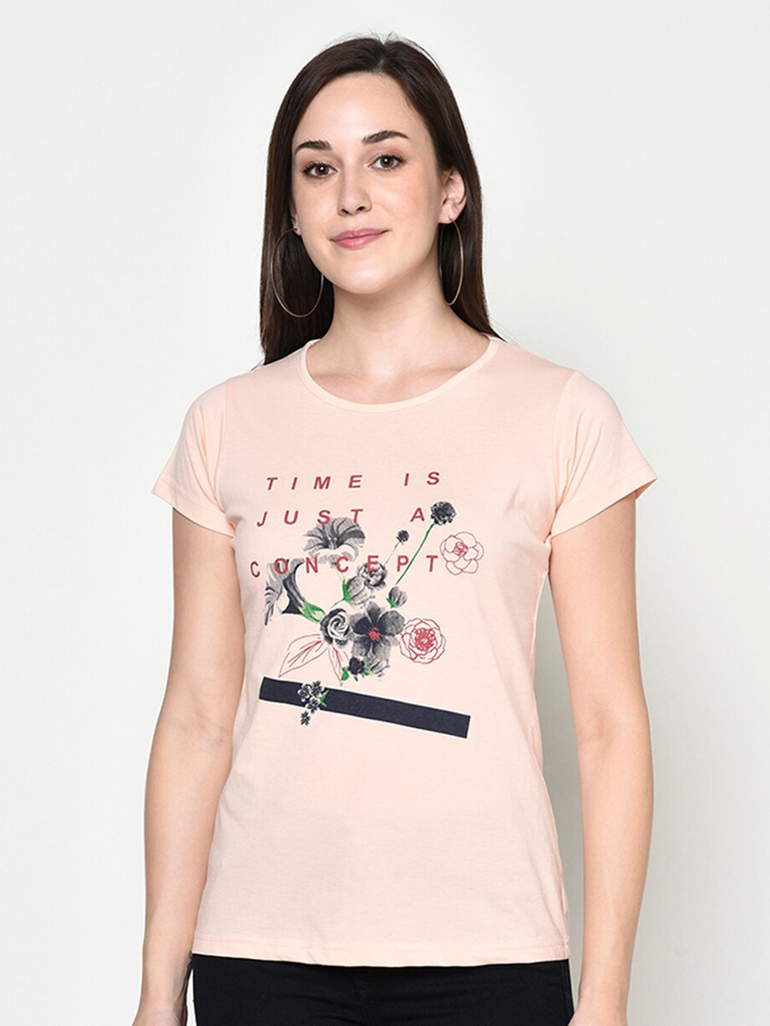 

FABNEST Women Peach-Coloured & Black Printed T-shirt