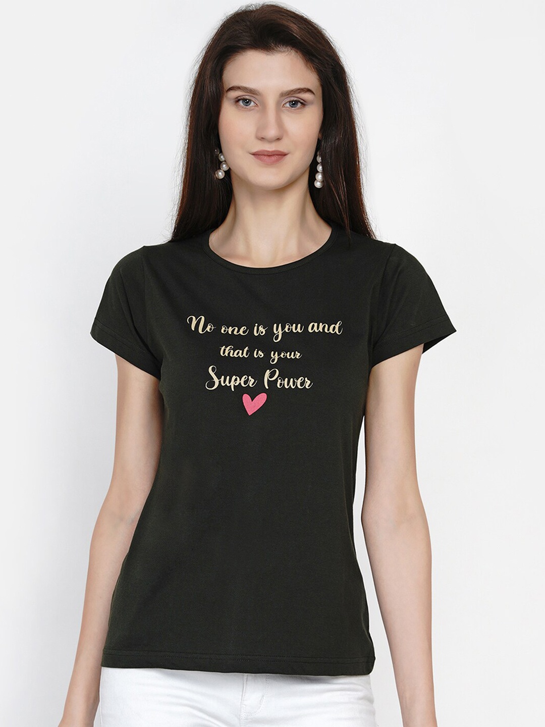 

FABNEST Women Black & Gold Typography Printed T-shirt