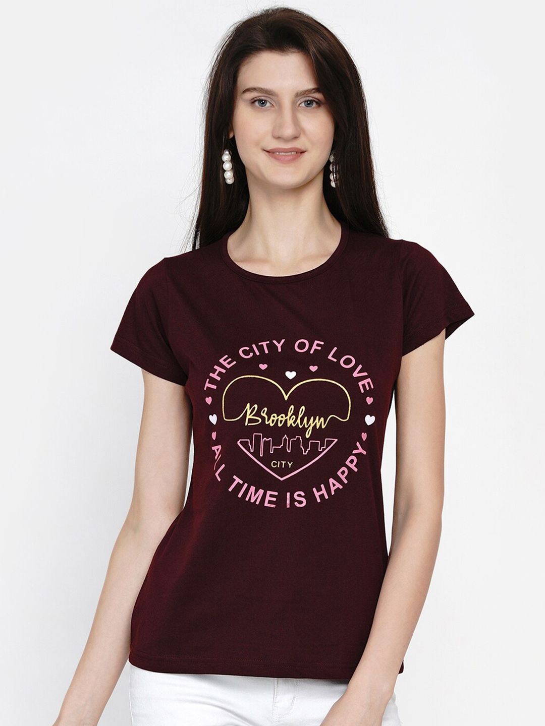 

FABNEST Women Maroon & Pink Printed T-shirt