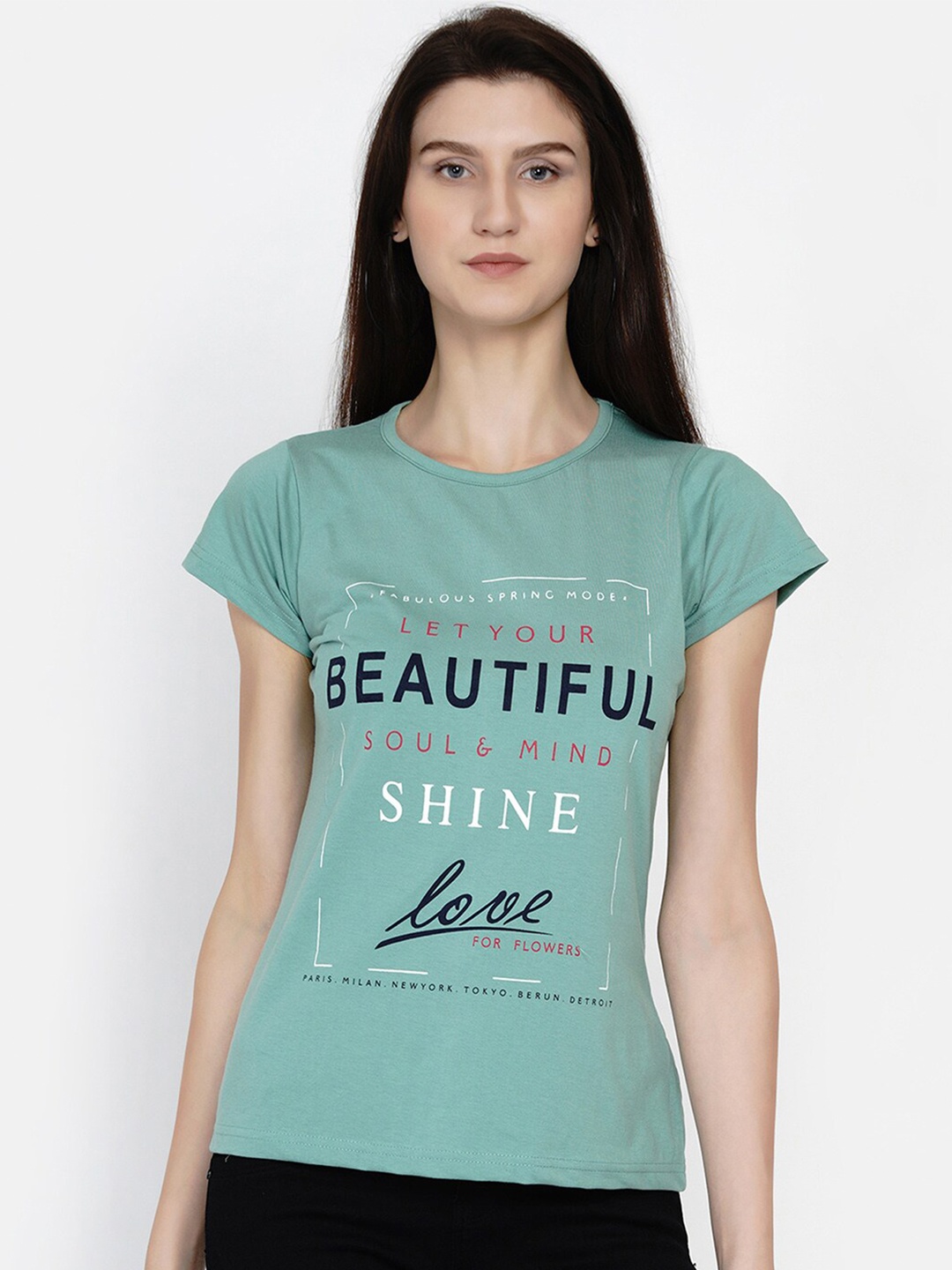

FABNEST Women Green & White Typography Printed T-shirt