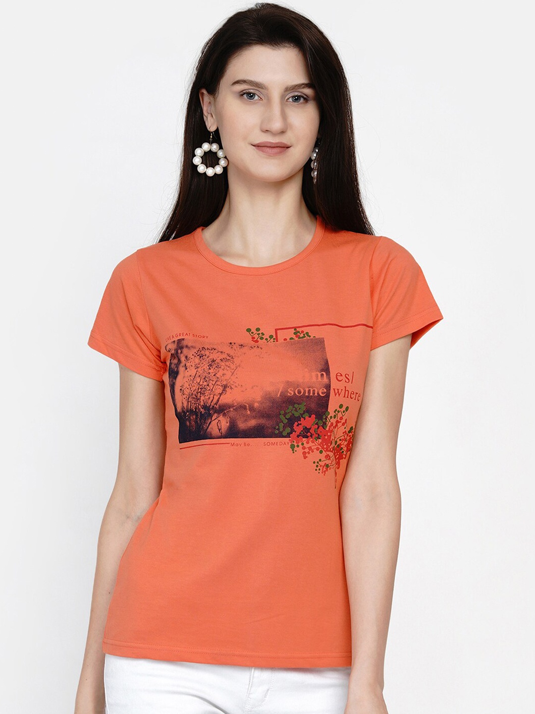 

FABNEST Women Orange & Black Printed T-shirt