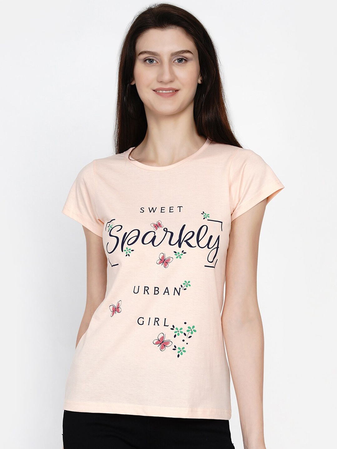 

FABNEST Women Peach-Coloured & Black Typography Printed T-shirt