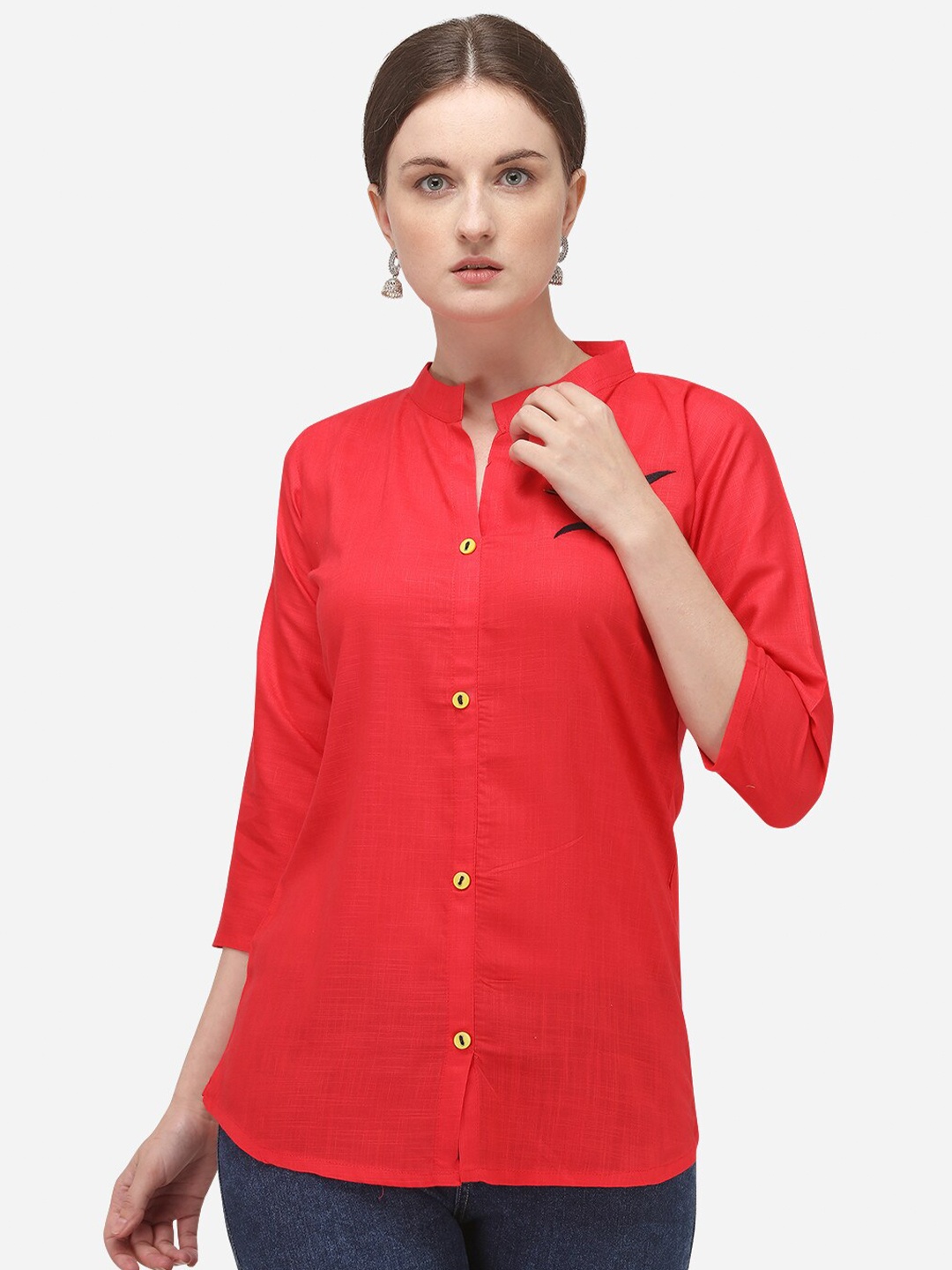 

RAJGRANTH Red Mandarin Collar Placement Print Shirt Style Top