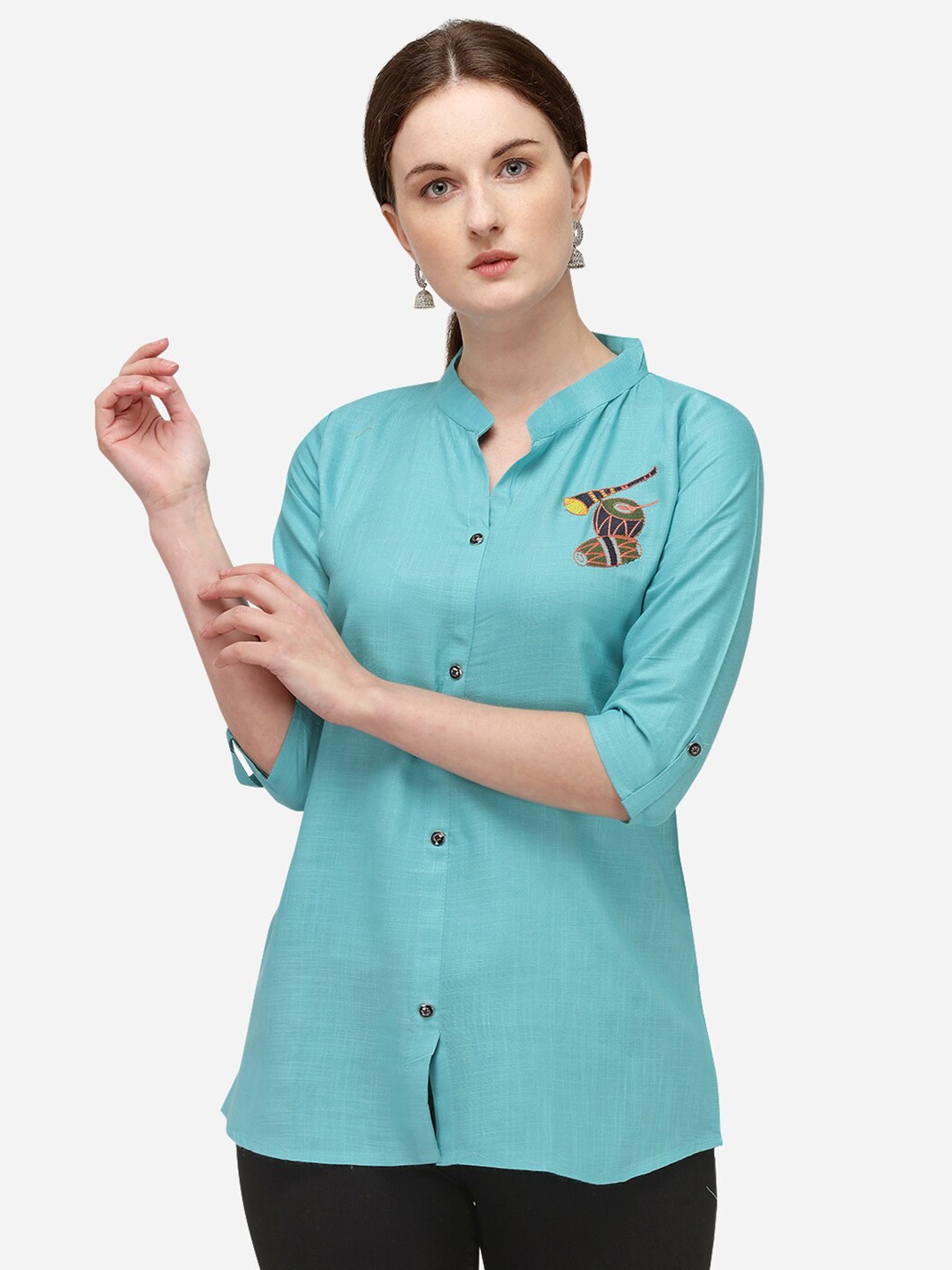 

RAJGRANTH Women Turquoise Blue Roll-Up Sleeves Placement Print Shirt Style Top