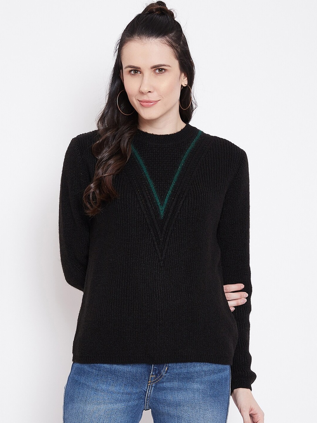 

Madame Women Black & Turquoise Blue Self Design Wool Pullover