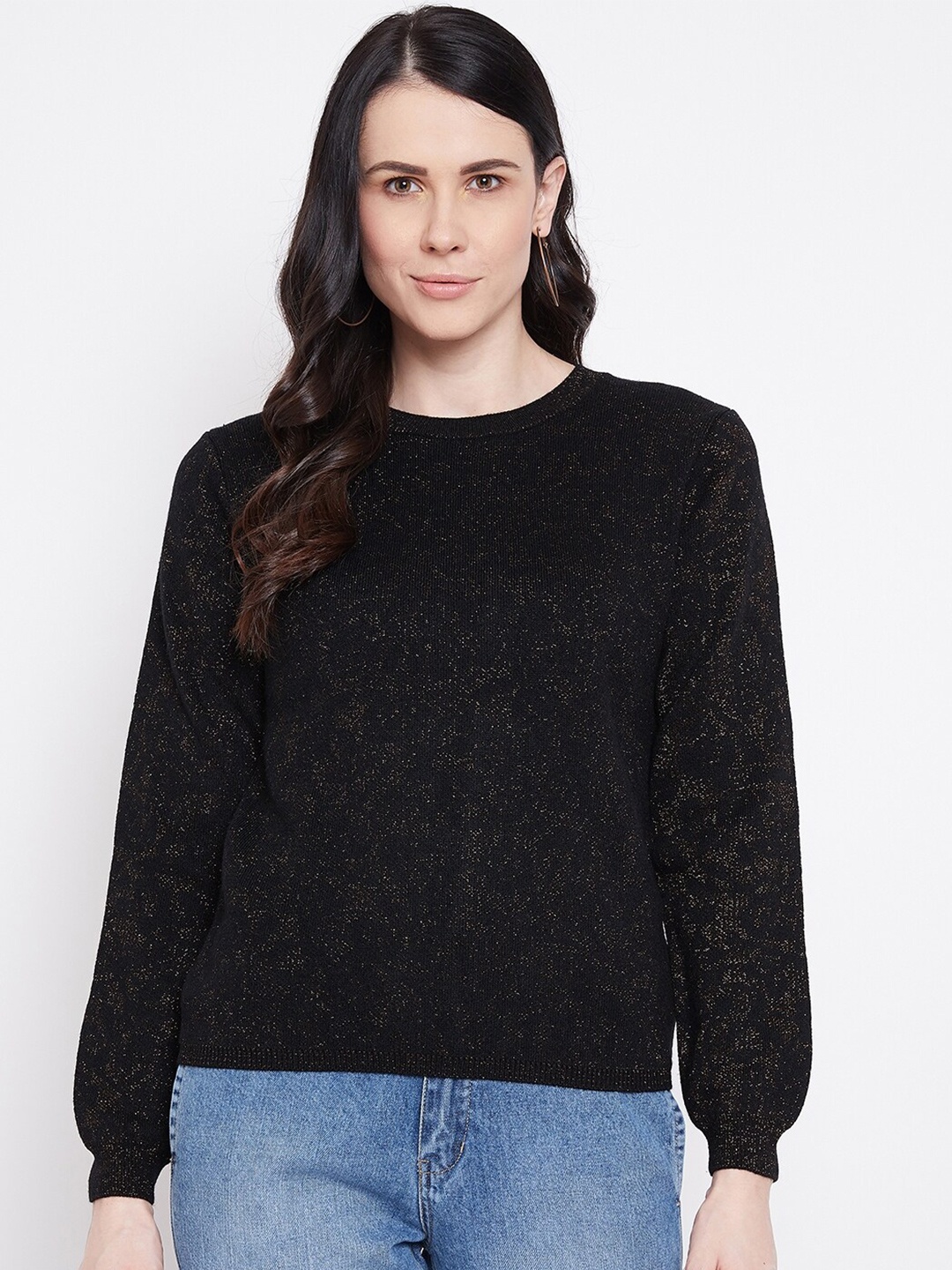 

Madame Women Black & Gold-Toned Solid Pullover with Fuzzy Detail