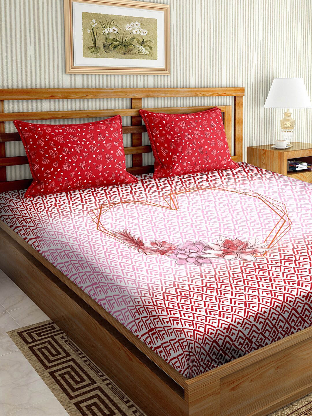

BELLA CASA Red & Pink Geometric 150 TC King Bedsheet with 2 Pillow Covers