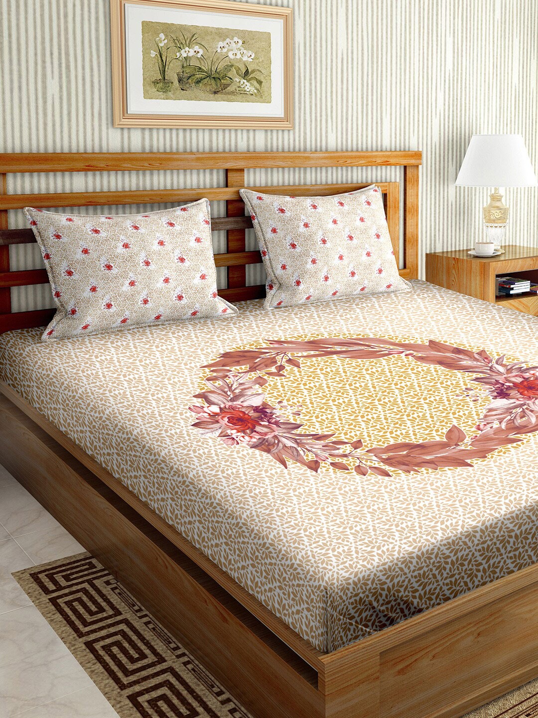 

BELLA CASA White & Brown Floral 150 TC King Bedsheet with 2 Pillow Covers