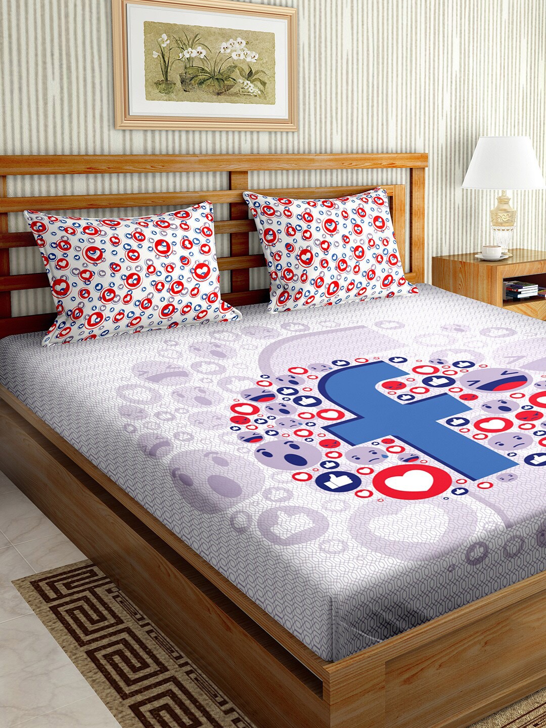 

BELLA CASA Grey & Blue Graphic 150 TC King Bedsheet with 2 Pillow Covers