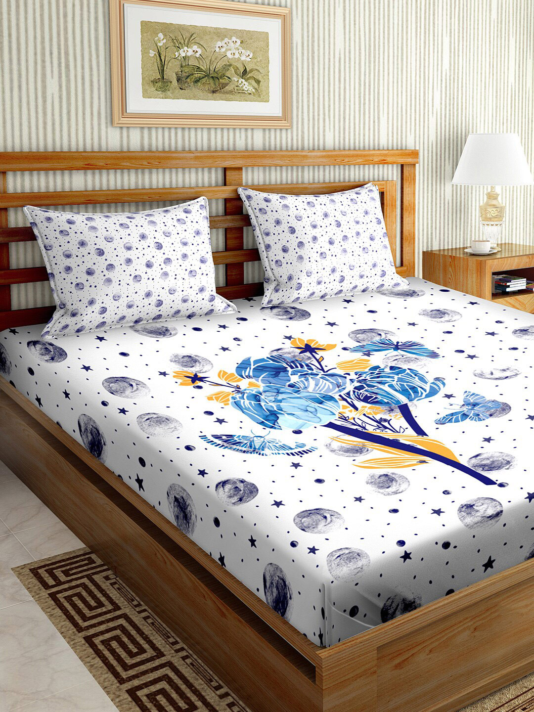 

BELLA CASA Grey & Blue Floral 150 TC King Bedsheet with 2 Pillow Covers